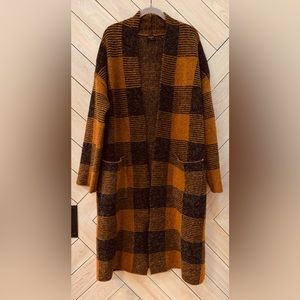 Cyrus | Brown Plaid Open-Front Long Cardigan | L